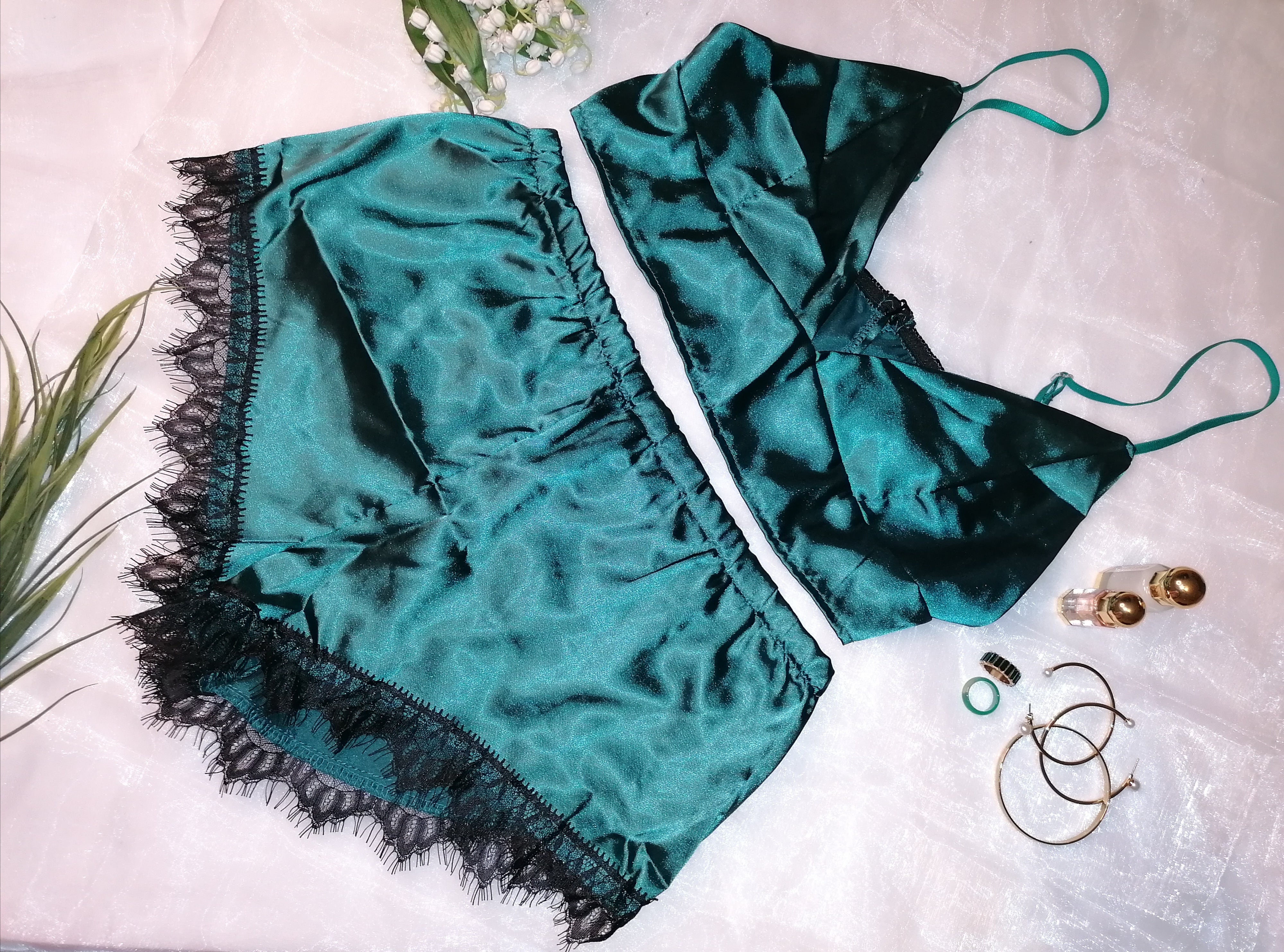 Emerald Silk Lingerie Set, Silk Satin Bra and Panties in Green Colors -   Canada