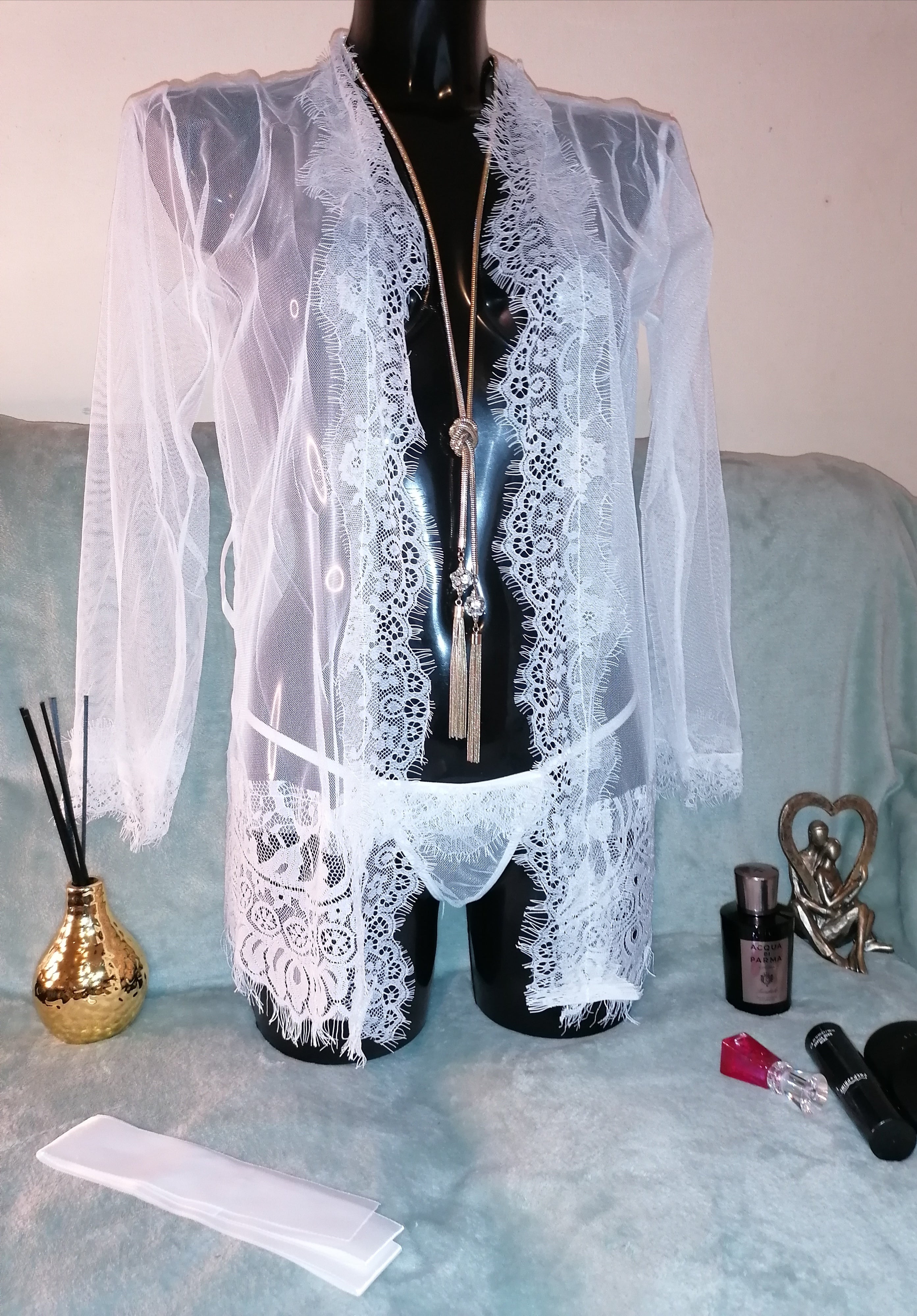 Angel White Trimmed Eyelash Lace Robe With Thong