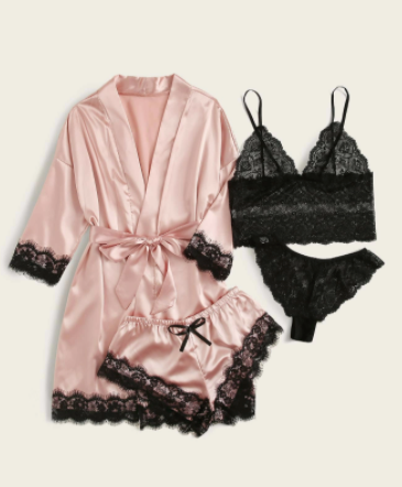 Diana 4pack Floral Lace Lingerie Set With Satin Belted Robe