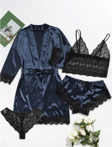 Diana 4pack Floral Lace Lingerie Set With Satin Belted Robe