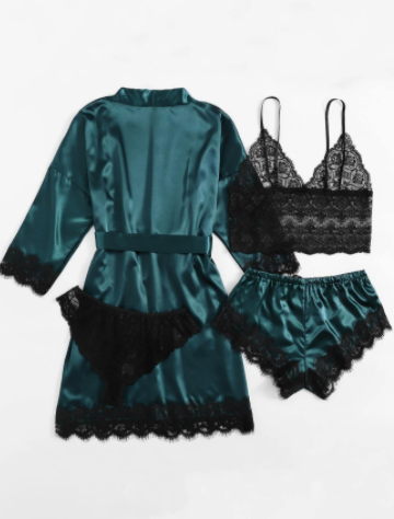 Diana 4pack Floral Lace Lingerie Set With Satin Belted Robe